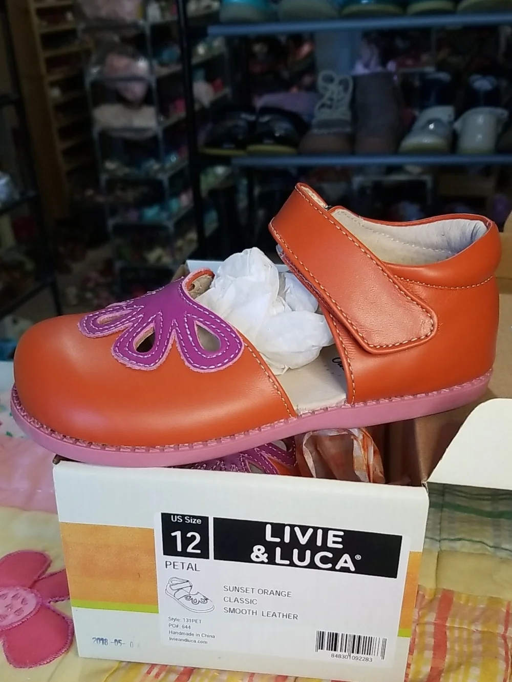 New Livie & Luca Matilda Jane Sunset Orange & Purple Leather Petals Size 12 NIB
